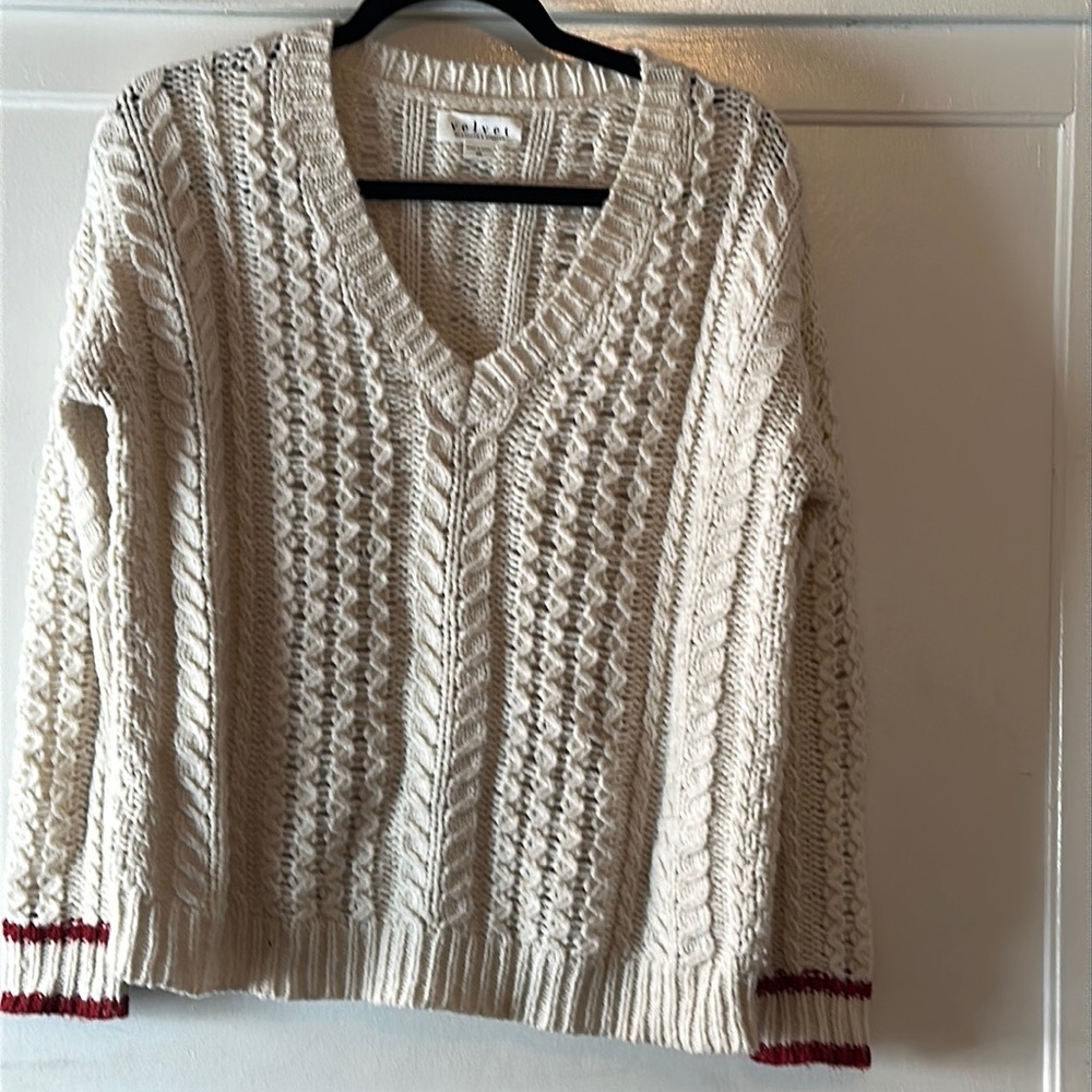 Vneck wool blend sweater size Small by Velvet with burgundy accent stripes